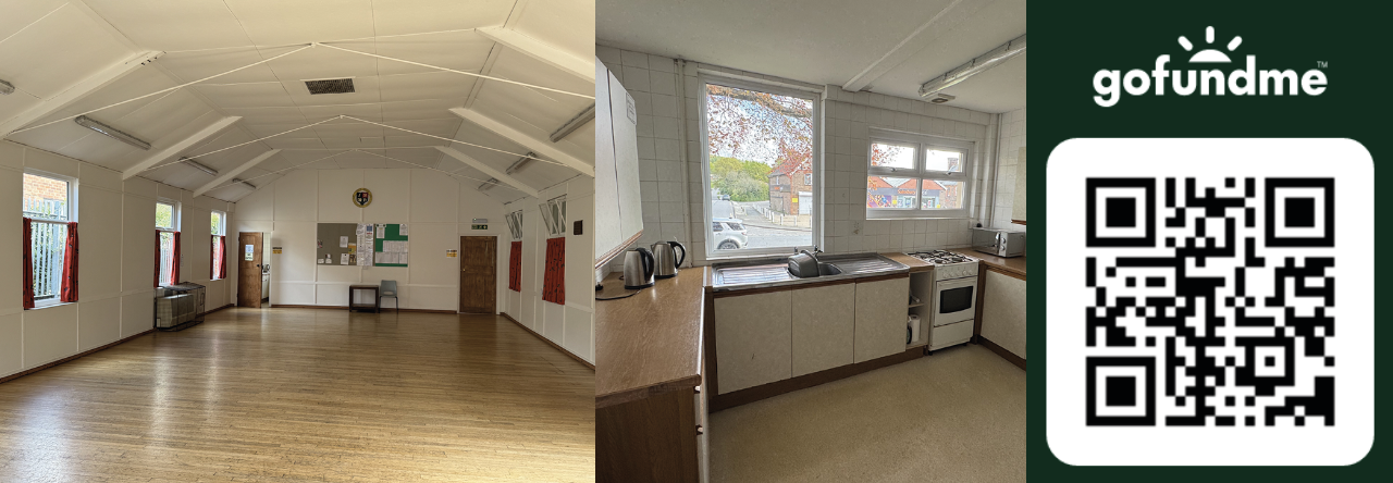 Images of the inside of Jarvis Brook Memorial Hall and a QR code to direct people to the Go Fund Me fundraising page.